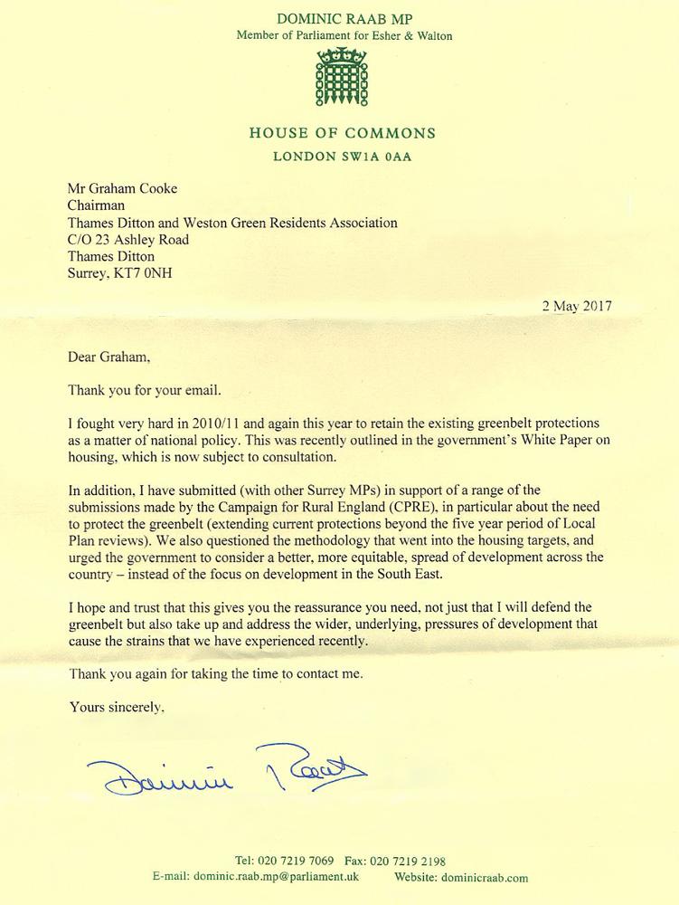 Dominic Raab greenbelt reply letter