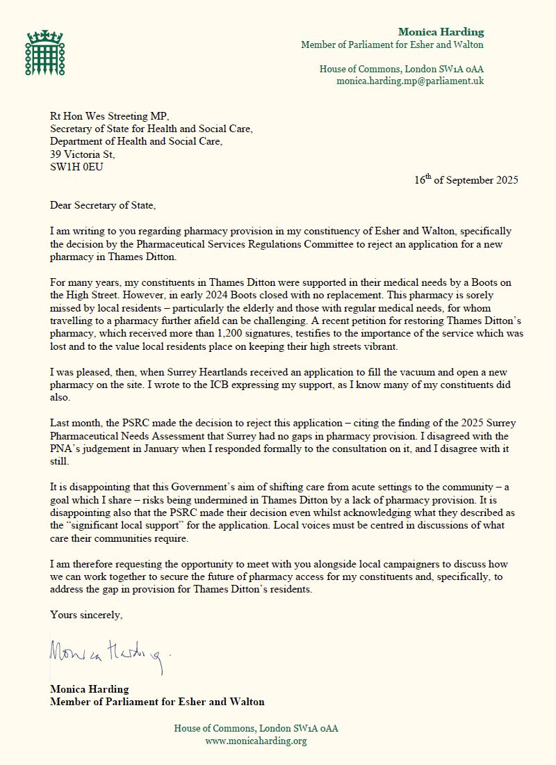 TD pharmacy Monica Harding letter to Wes Streeting